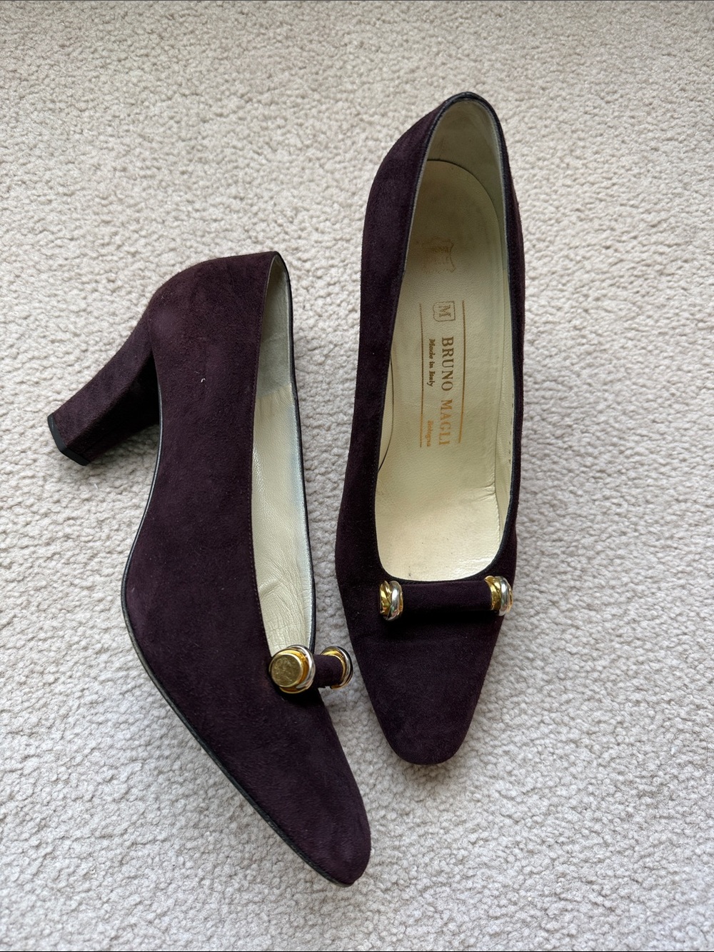 Bruno Magli Plum Suede Block Heel Pumps with Gold Accents Women’s Size 8.5